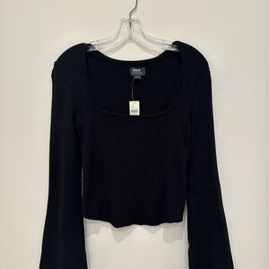 Anthropologie Black Ribbed Square-Neck Long Flare Sleeve Top